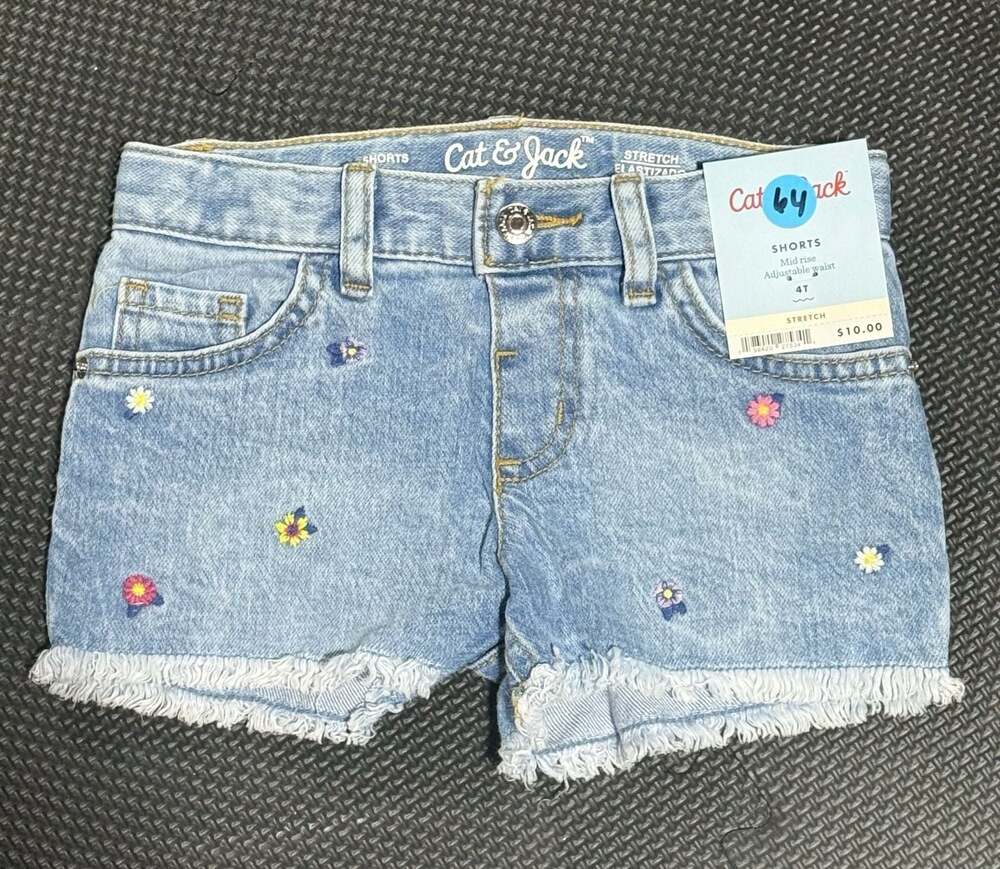 Cat & Jack Girls Embroidered Floral Denim Shorts Frayed Hem size 4t - Picture 1 of 2